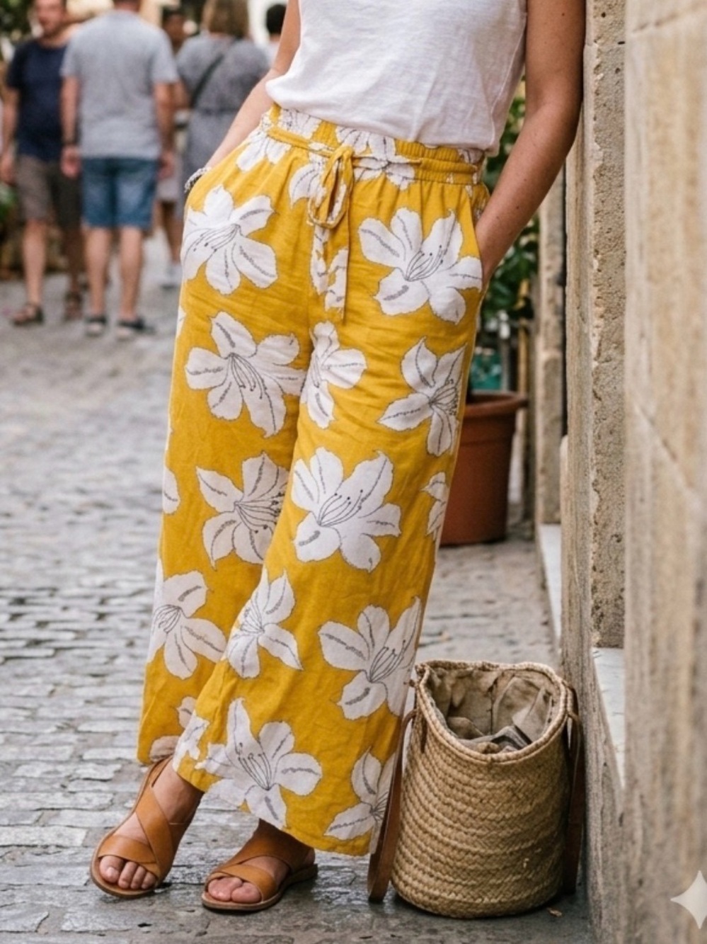 Women’s Yellow Floral Wide-Leg Linen Pants no flaws